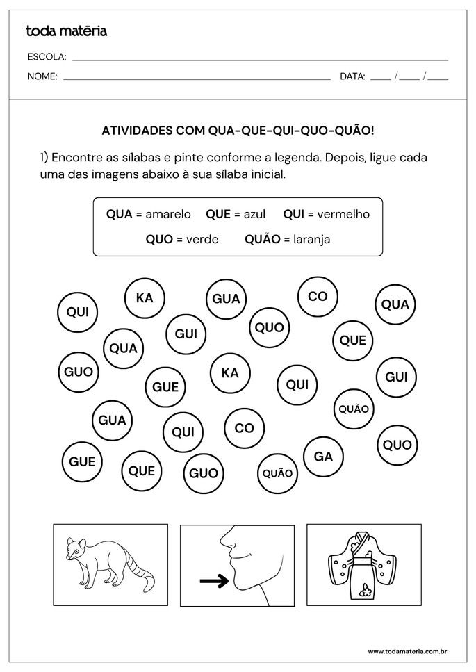 atividade para identificar, pintar e ligar silabas-qua-que-qui-quo-quao
