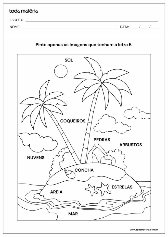 Atividade para pintar imagens das palavras que têm E