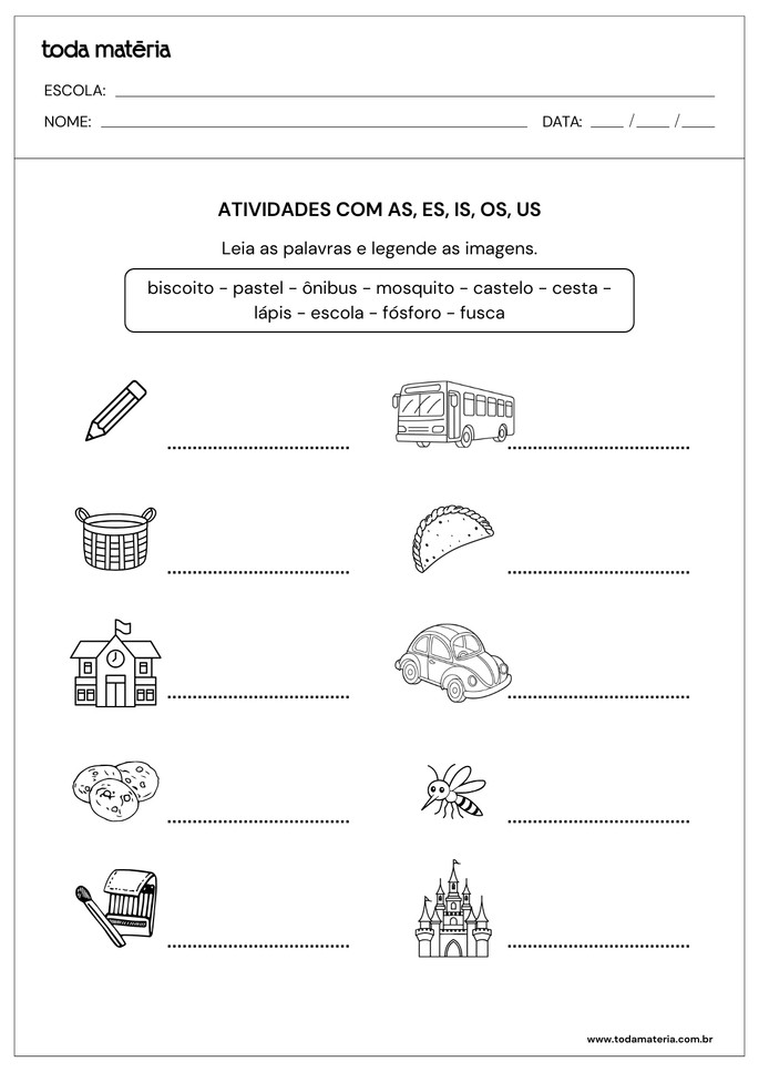 Atividade para ler e legendar as imagens com as es is os us