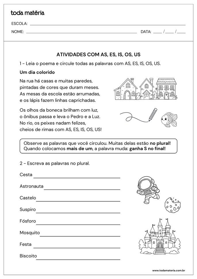 atividade de circular palavras com as es is os us e escrever palavras no plural