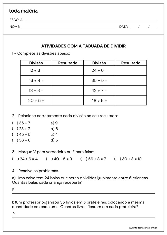 atividades com a tabuada de dividir de complete, relacione, verdadeiro ou falso e problemas