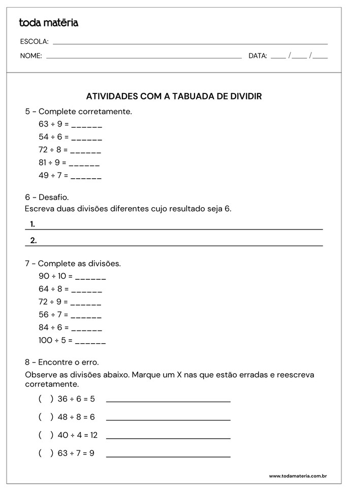 atividades com a tabuada de dividir de complete, desafio e reescreva corretamente