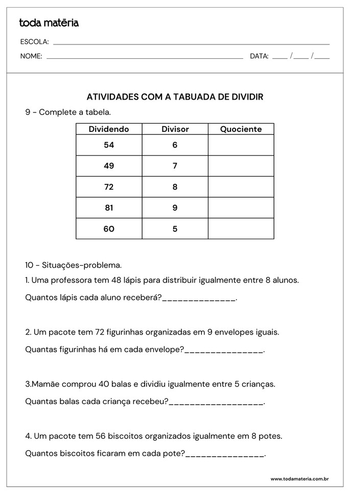 atividades com a tabuada de dividir de complete e situa&ccedil;&otilde;es-problema