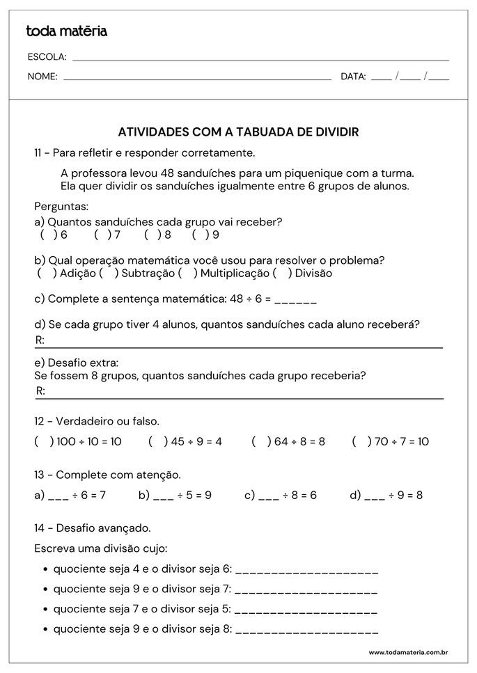 atividades com a tabuada de dividir de m&uacute;ltipla escolha, complete, verdadeiro ou falso e desafio avan&ccedil;ado