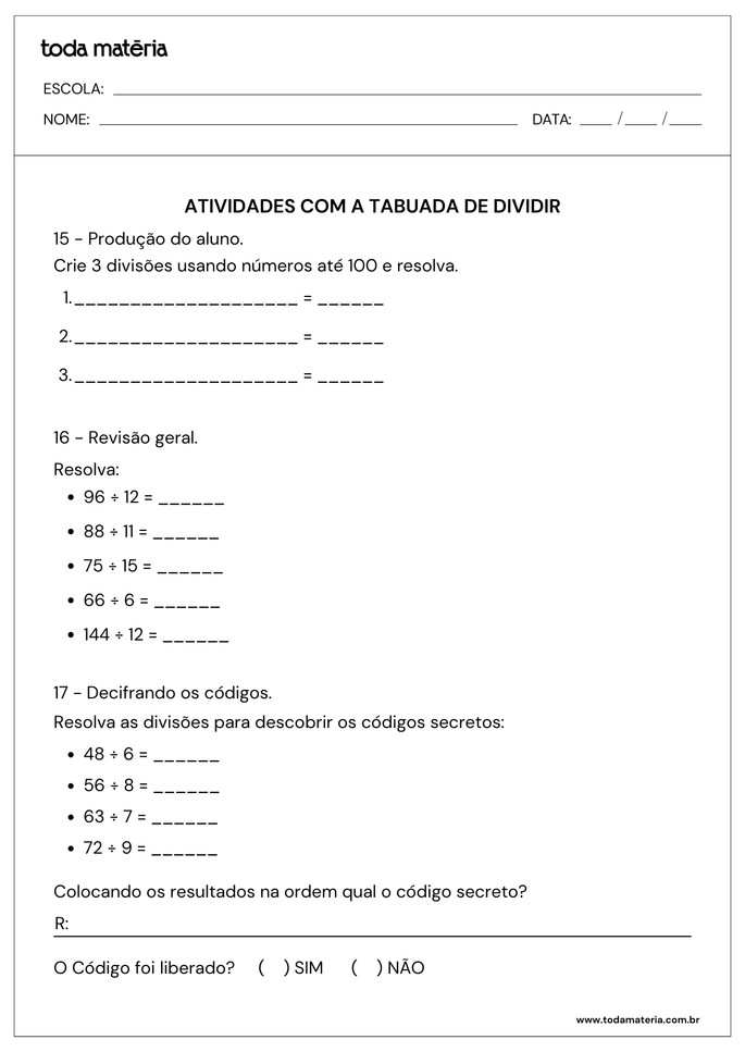 atividades com a tabuada de dividir cria&ccedil;&atilde;o de divis&atilde;o, c&aacute;lculo e resolva