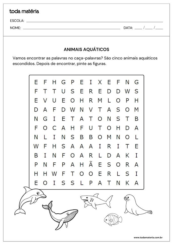 Caça-palavras de animais aquáticos para alfabetizar