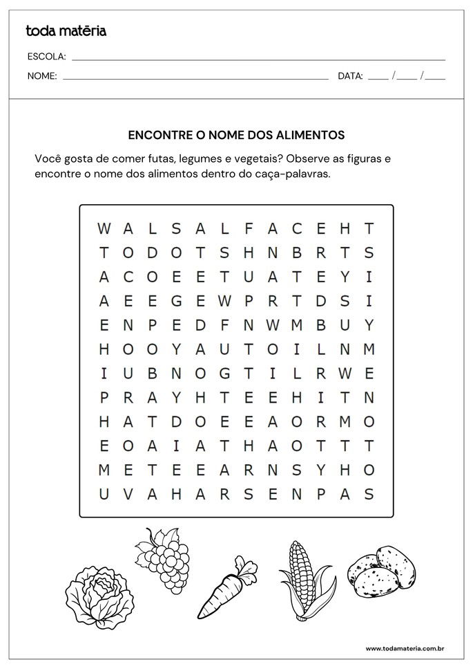 Caça-palavras dos alimentos para alfabetizar