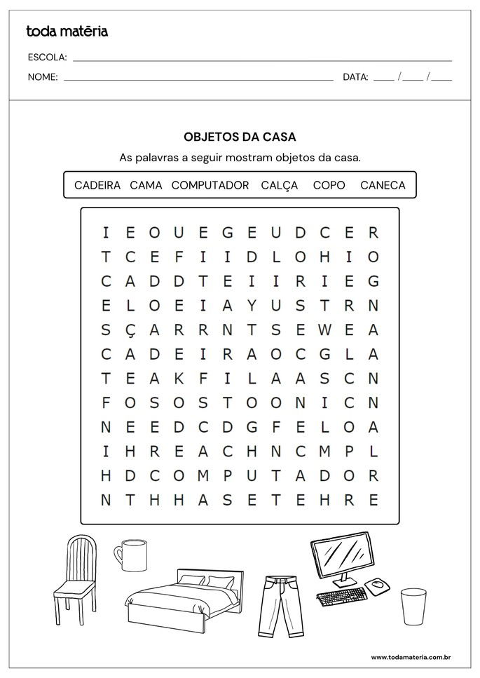 Caça-palavras de objetos da casa para alfabetizar