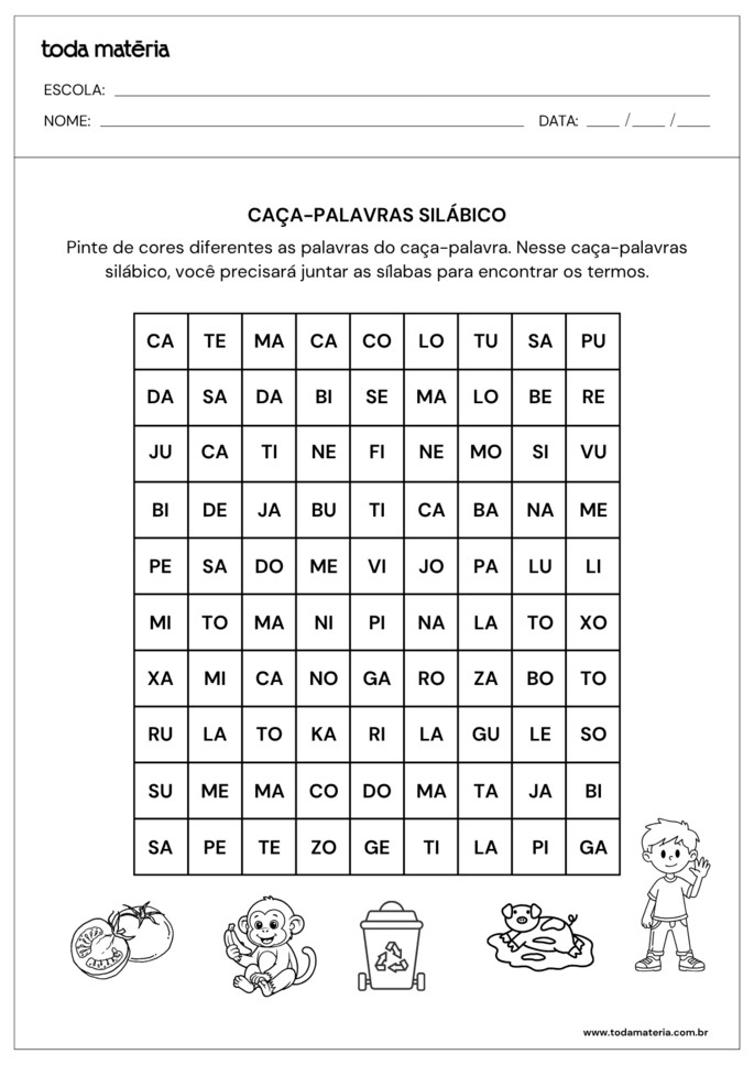 Caça-palavras silábico para alfabetizar