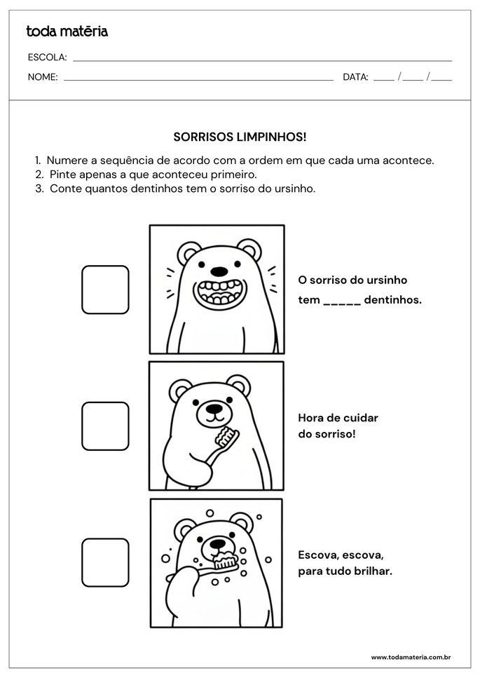desenho de sequência de para colorir com sequência de escovação dos dentes para educação infantil