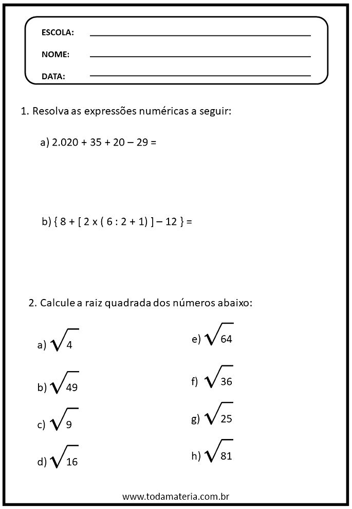 4 Lista Exer Mat (Potenciação, Raiz Quadrada e Expressões