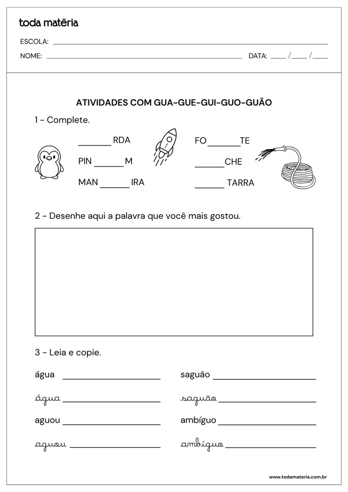 atividades-com-gua-gue-gui-guo-guao-completar, desenhar e copiar