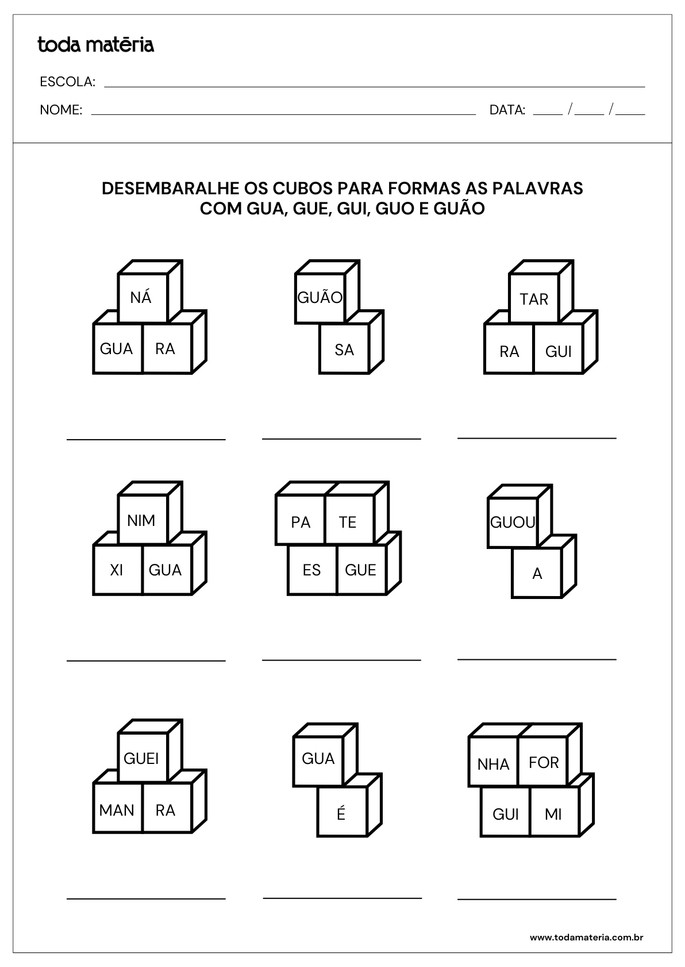 atividades-com-gua-gue-gui-guo-guao-desembaralhar sílabas para formar palavras