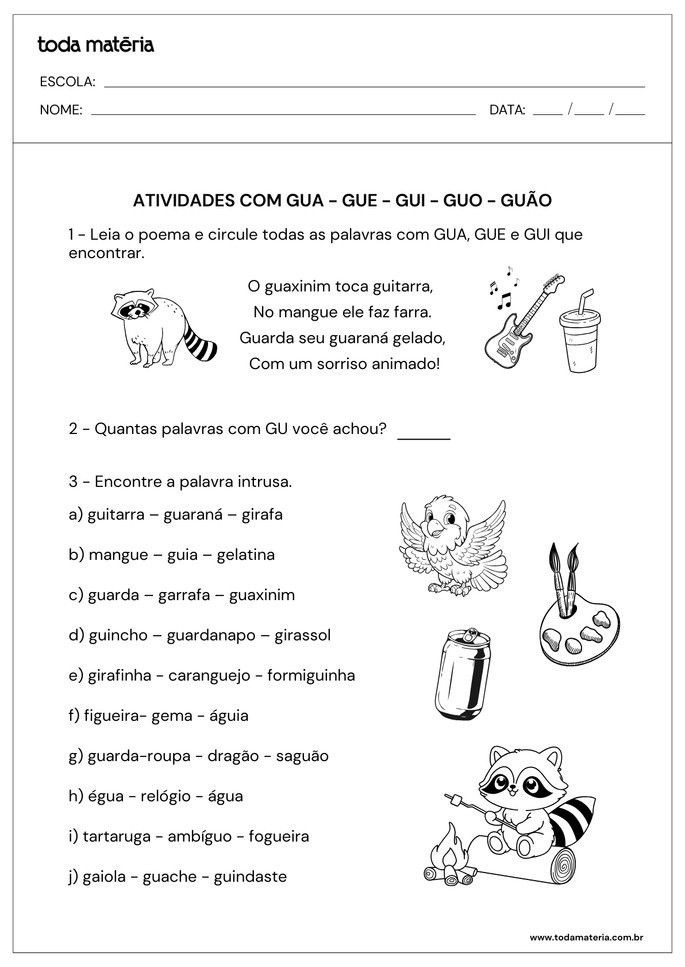 atividades-com-gua-gue-gui-guo-guao-identificar palavras em poema e encontrar palavra intrusa