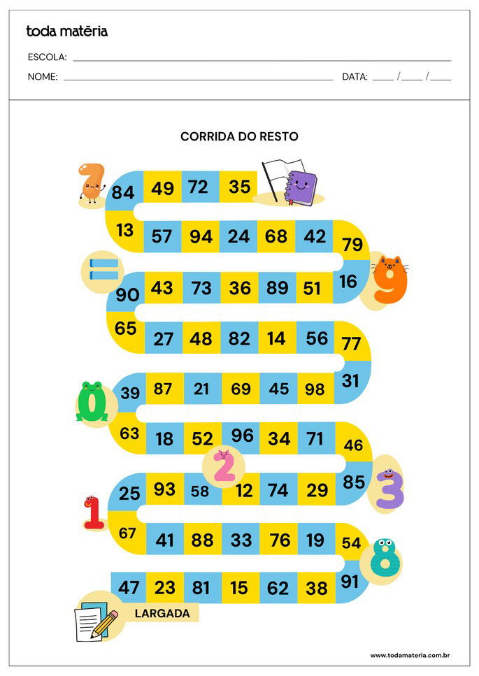 Tabuleiro do jogo corrida do resto.