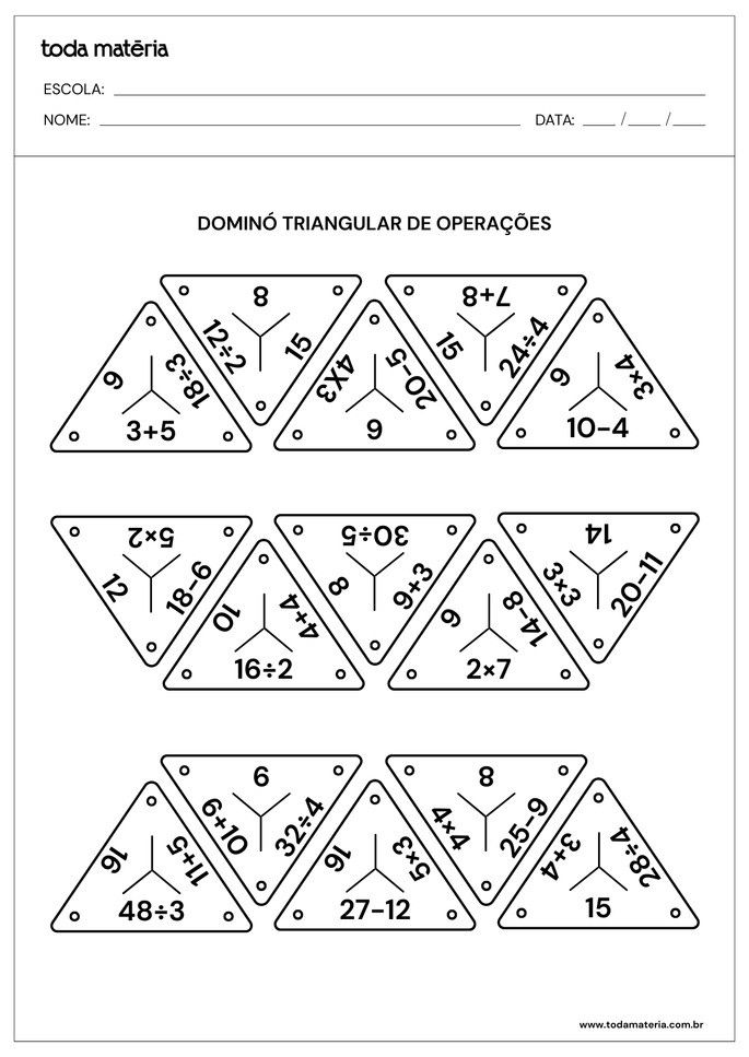 Dominó Triangular de Operações para imprimir.