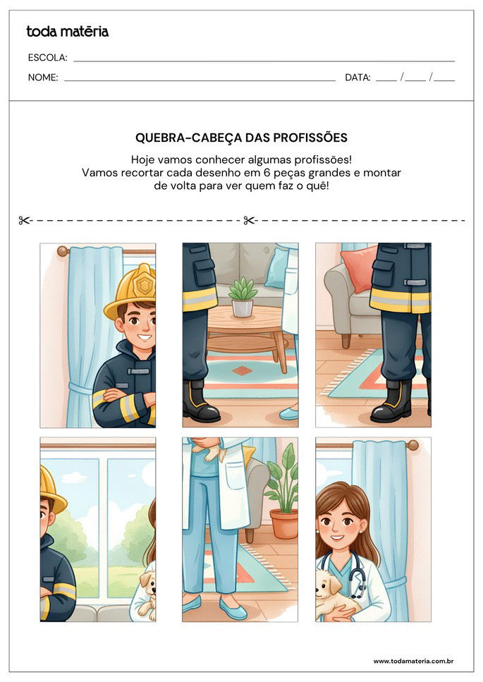 Atividade de quebra-cabeça para educação infantil de profissões com peças retangulares