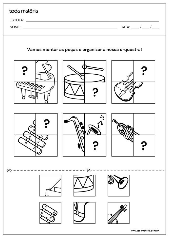 Atividade de quebra-cabeça para educação infantil de instrumentos musicais para encaixar uma peça