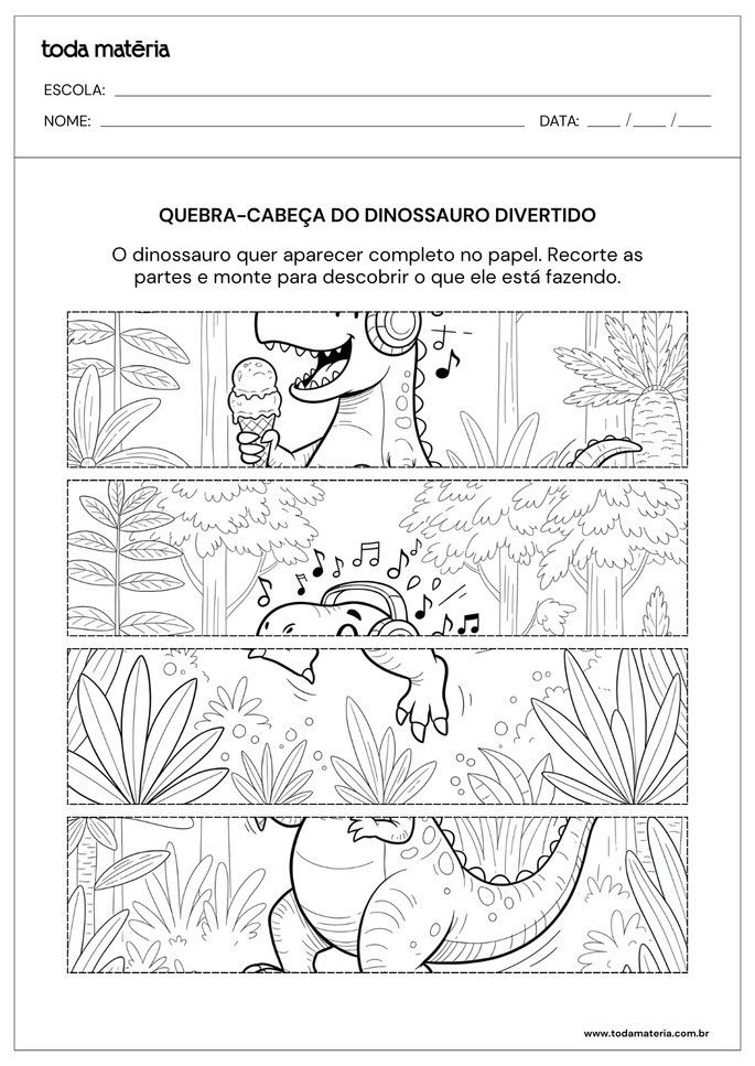 Atividade de quebra-cabeça para educação infantil de dinossauro com quatro peças em tiras
