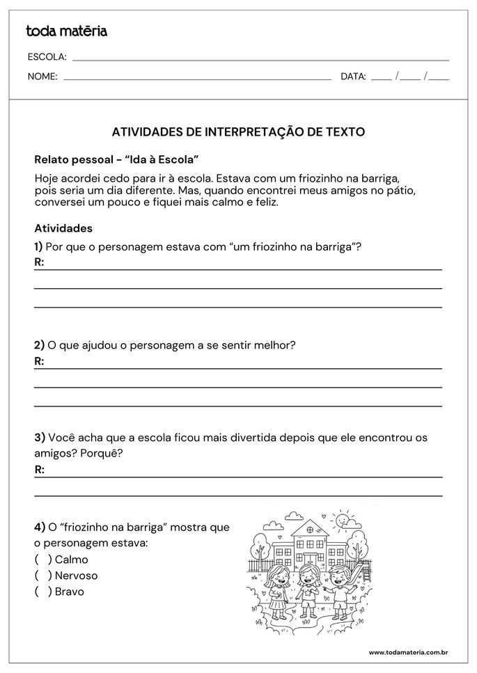 atividade de interpreta&ccedil;&atilde;o de texto curto para 1&ordm; e 2&ordm; ano EF com relato pessoal
