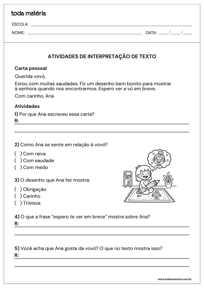 atividade de interpreta&ccedil;&atilde;o de texto curto para 1&ordm; e 2&ordm; ano EF com carta pessoal