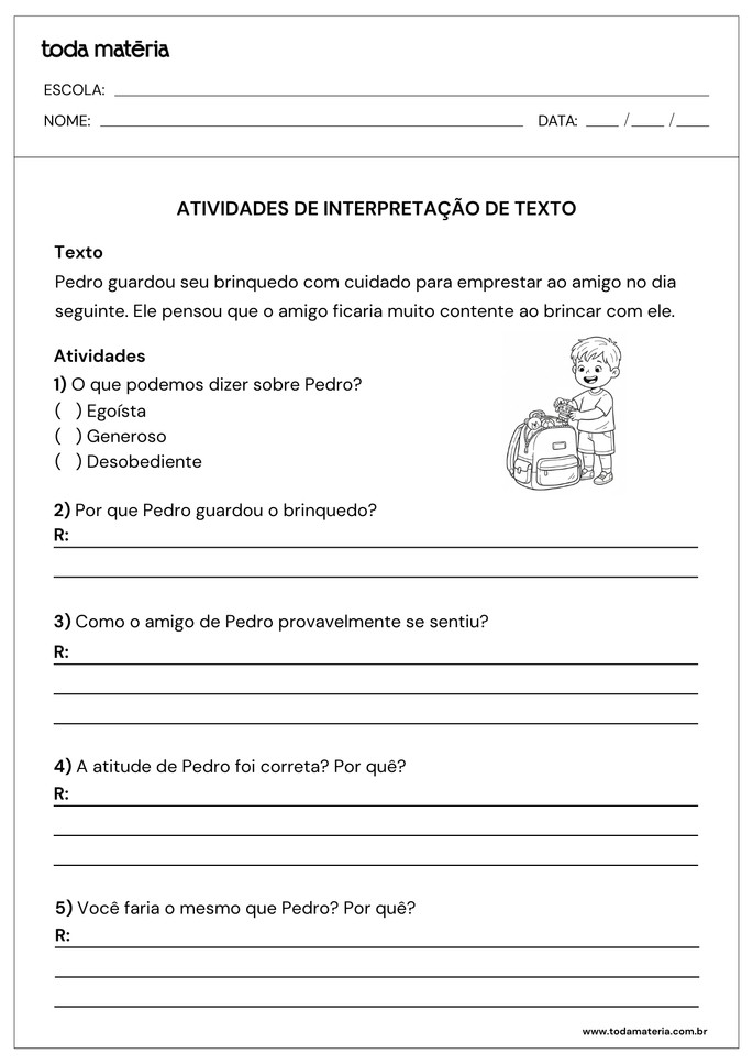 atividade de interpreta&ccedil;&atilde;o de texto curto para 1&ordm; e 2&ordm; ano EF