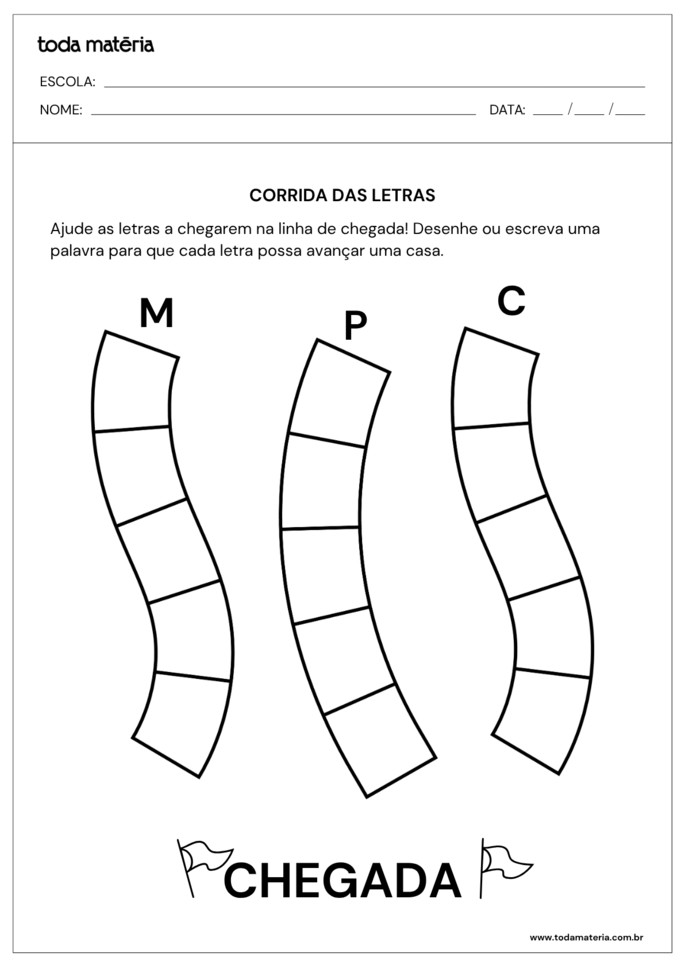 atividade de corrida das letras sobre aliteração para educação infantil
