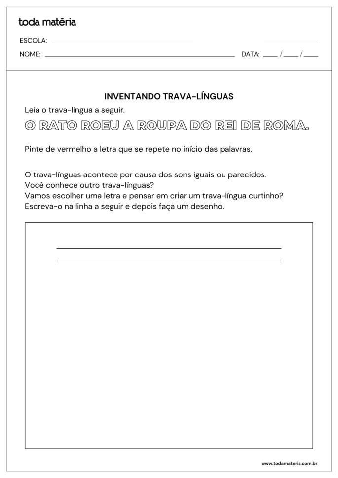 atividade de aliteração com trava-línguas para educação infantil