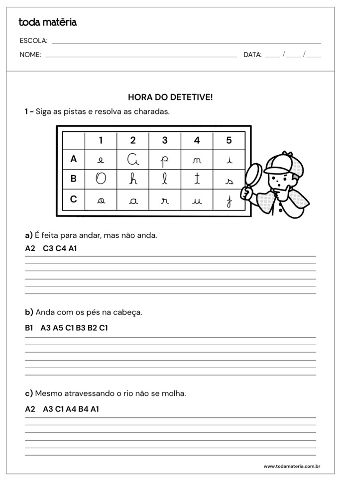 atividade de caligrafia de seguir pistas para resolver charadas para 4º ano