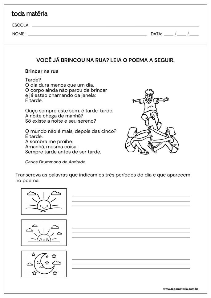 atividade de caligrafia com poema de Drummond para 4º ano