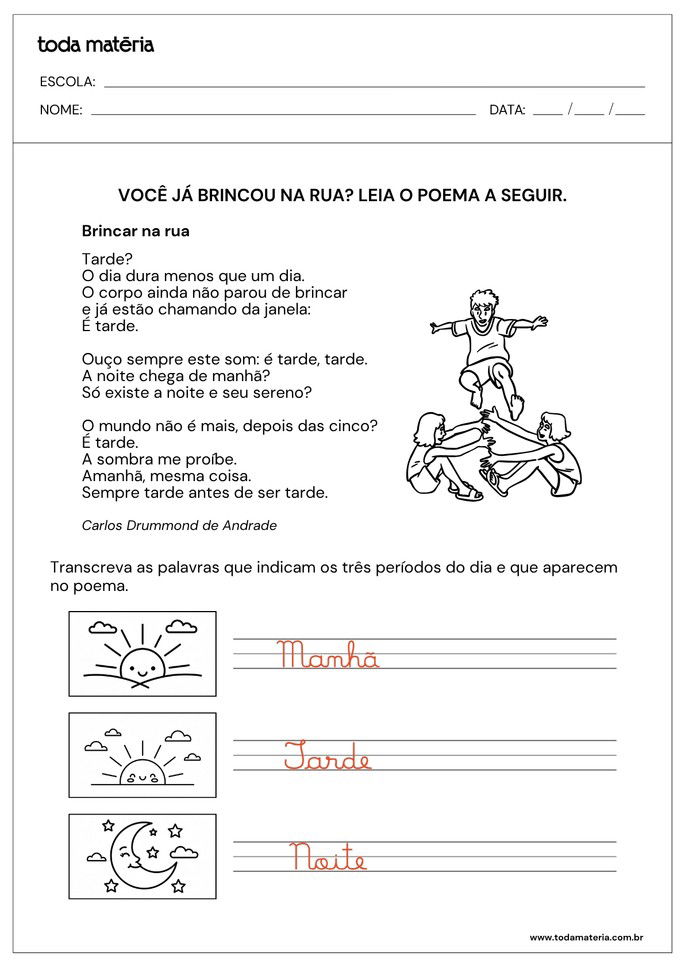 atividade de caligrafia com poema de Drummond para 4º ano_respostas