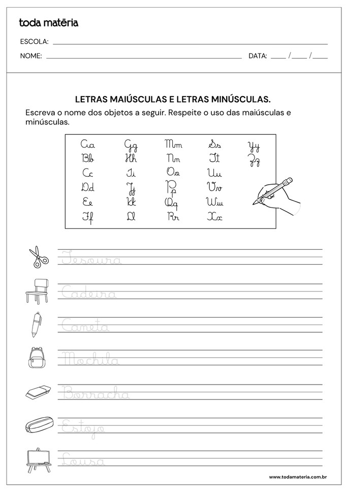 atividade de treino de caligrafia com alfabeto completo para 4º ano