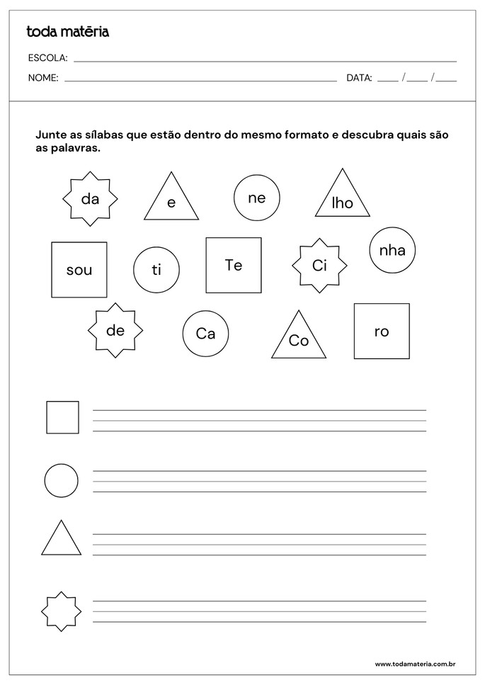 atividade de treino de caligrafia juntando sílabas para 4º ano