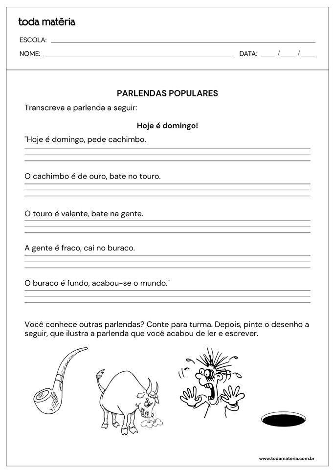 atividade de treino de caligrafia com parlenda para 4º ano