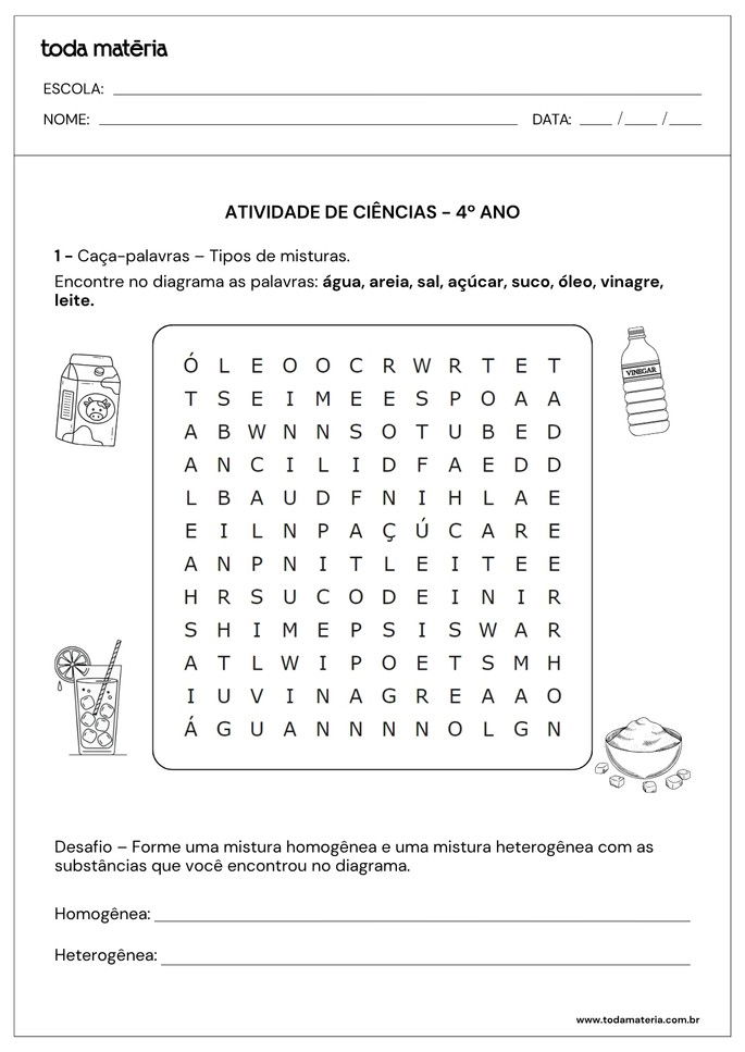 caça-palavras de ciências para 4º ano sobre tipos de misturas