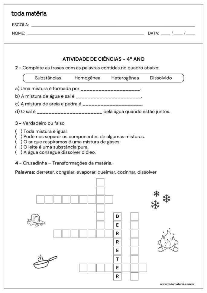 complete, verdadeiro ou falso e cruzadinha de ciências para 4º ano
