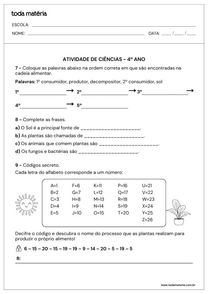 atividades de ordene, complete e código secreto de ciências para 4º ano