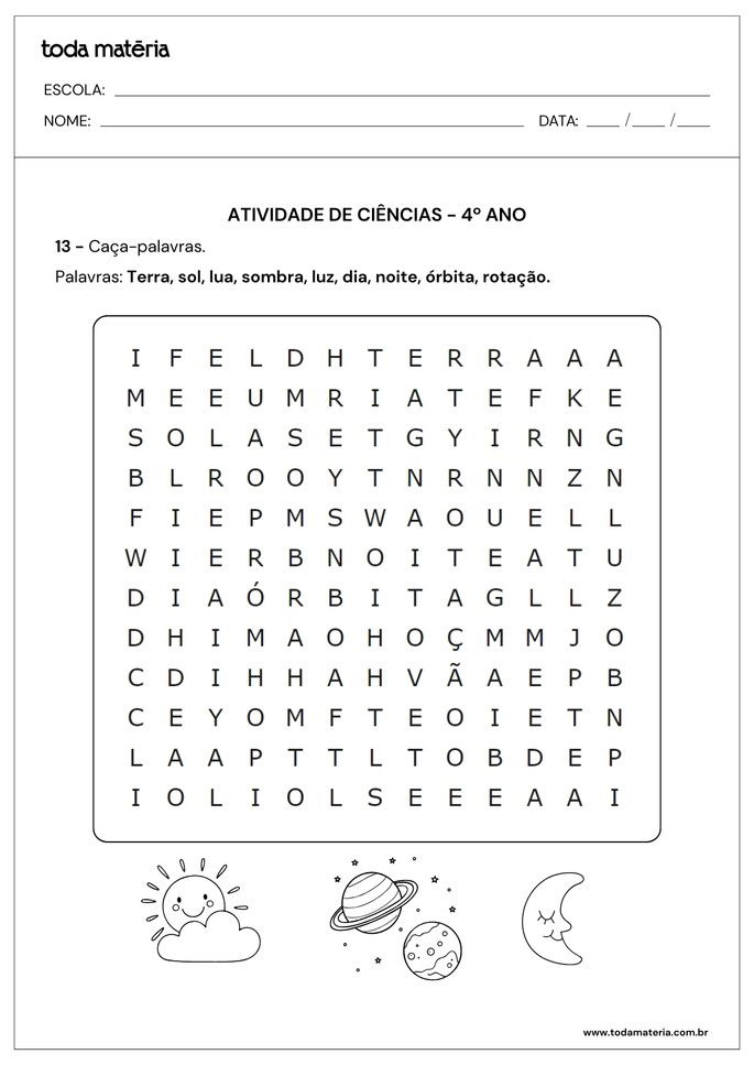 atividade de caça-palavras de ciências para 4º ano