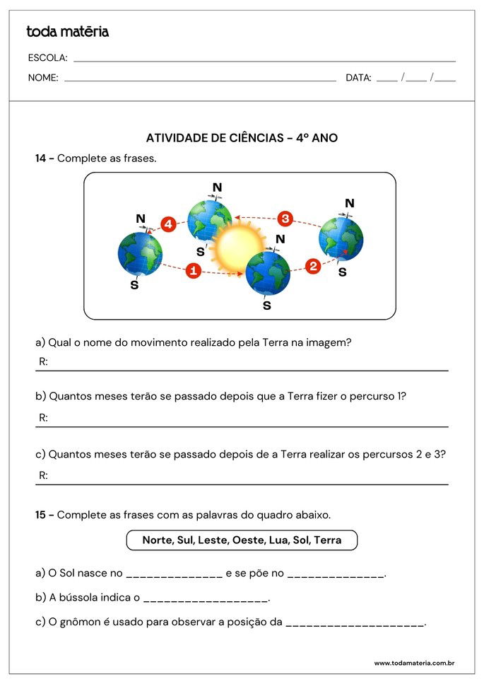 atividade de complete de ciências para 4º ano
