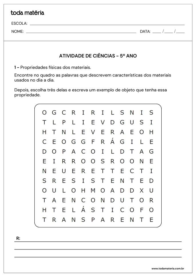 caça-palavras sobre propriedades físicas dos materiais para 5º ano