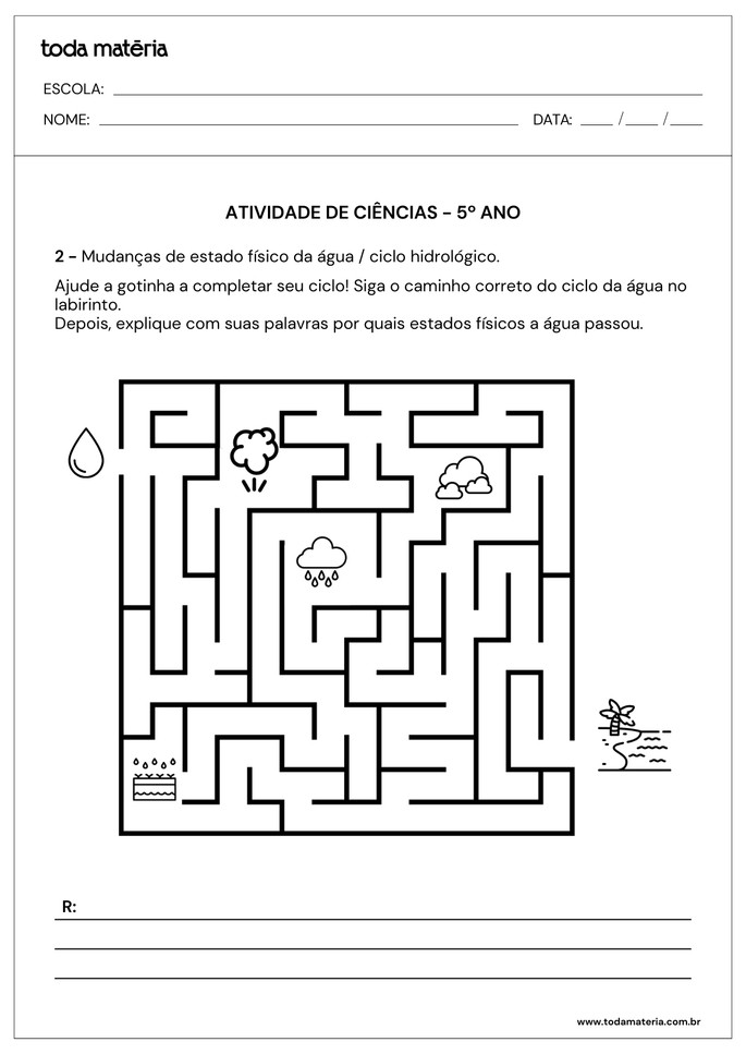labirinto sobre mudanças de estado físico da água para 5º ano