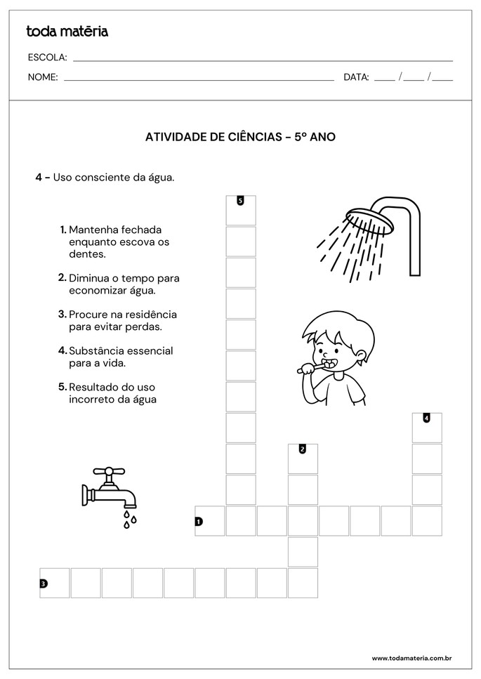 cruzadinha sobre uso consciente da água para 5º ano