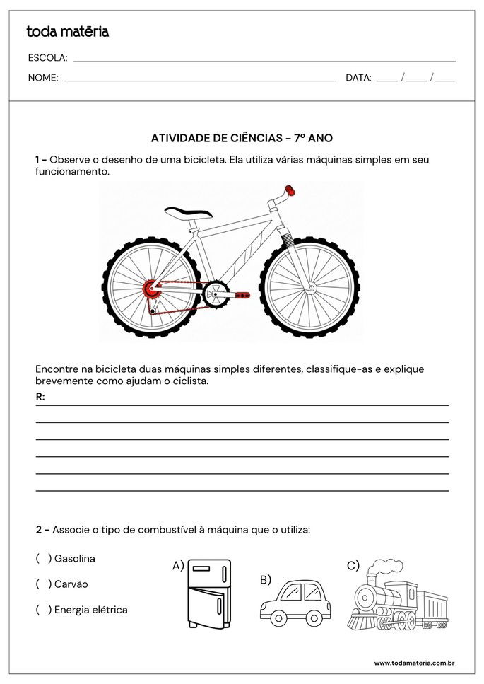Atividade de ciências para 7º ano sobre máquinas