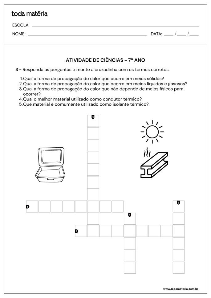 Cruzadinha ciências para 7º ano sobre propagação de calor