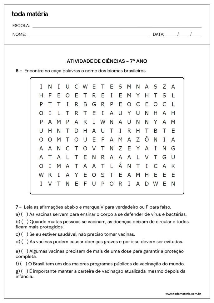 Atividades de caça-palavras e verdadeiro ou falso de ciências para 7º ano