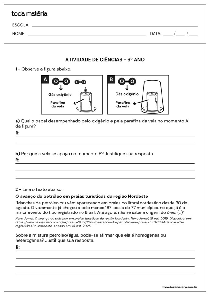 atividade com observação de figura e leitura de texto de ciências para 6º ano