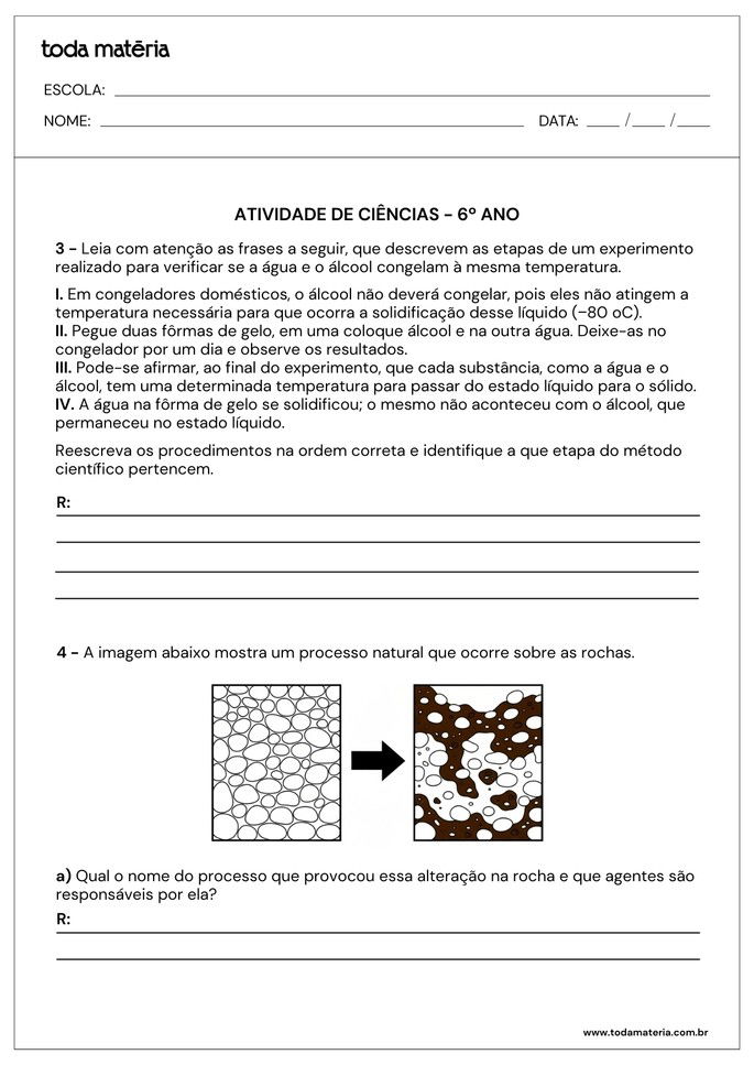 atividade com experimento sobre congelação e sobre processo natural que ocorre sobre as rochas para 6º ano