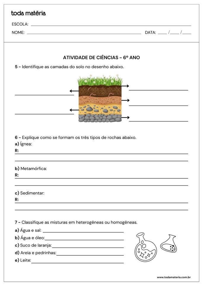 atividade de ciências para 6º ano sobre solo, rochas e misturas