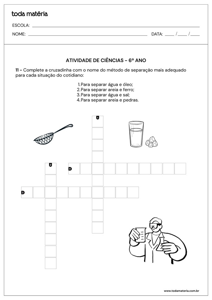 cruzadinha sobre separação de misturas para 6º ano