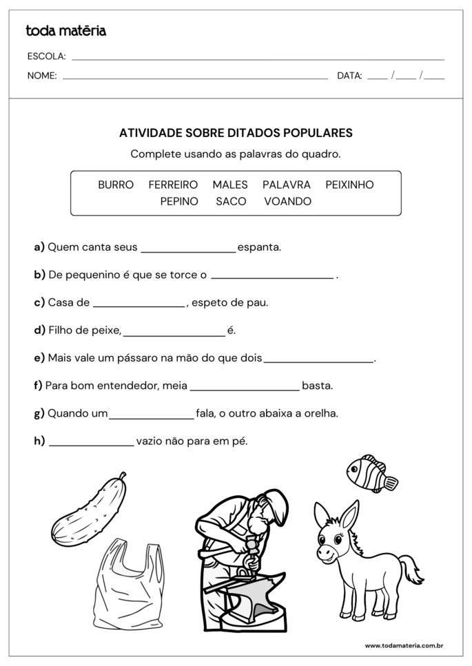 atividade de complete de ditados populares com palavras do quadro